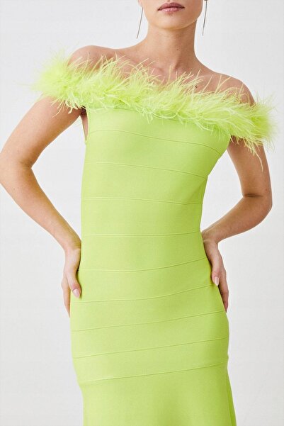 NO BRAND Rochie Bandaj Midaxi Verde Neon cu Pene Karen Millen m
