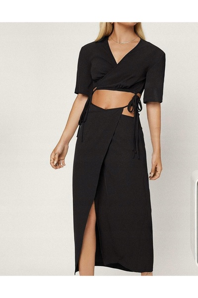 NO BRAND Set negru Bluză elegantă Fustă scurtă cu șnur Shein 38