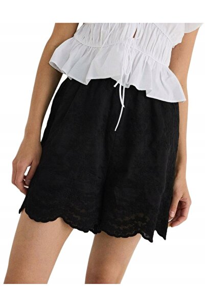 NO BRAND Pantaloni scurți negri, cusături decorative, talie elastică, talie î...