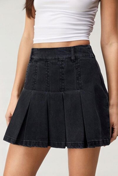 NO BRAND Fustă mini plisată din denim negru, clasică, simplă, gal 32