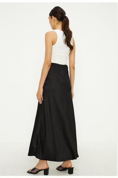 NO BRAND Fustă maxi evazată din satin negru, netedă, Oasis 38