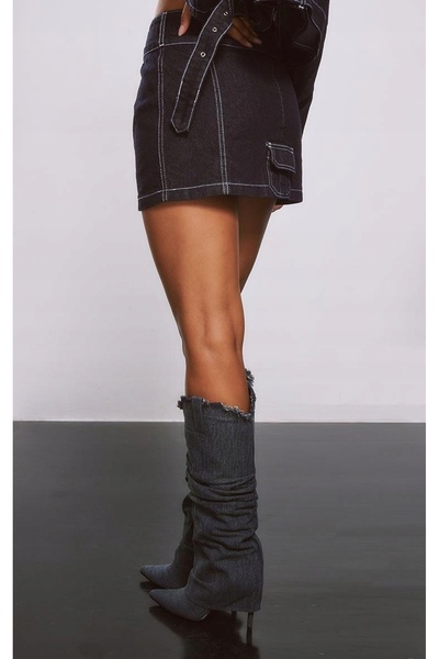 NO BRAND Fustă mini din denim bleumarin cu buzunare, cambrată, Prettylittleth...