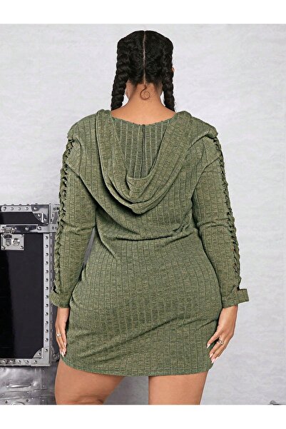 NO BRAND Rochie tricotată scurtă verde cu imprimeu pe spate, mânecă lungă, gl...