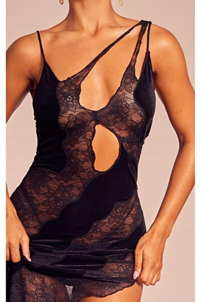 NO BRAND Rochie de catifea neagră asimetrică cu bretele Prettylittlething 38