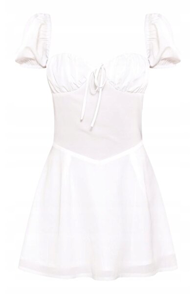NO BRAND Rochie mini albă cu decolteu în formă de inimă și mâneci scurte, Pre...