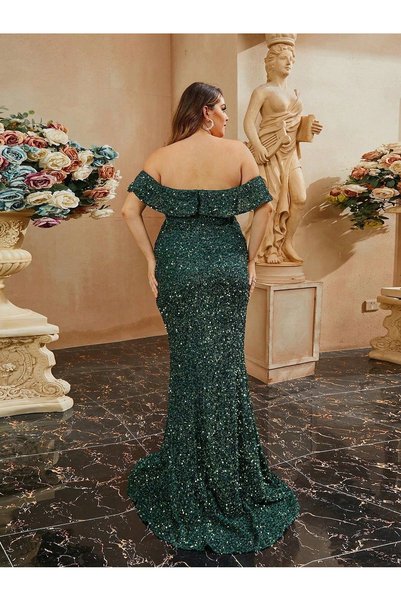 NO BRAND Rochie de cocktail Cekinowa, verde mentă, cu umerii goi, Miss Ord 50