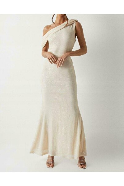 NO BRAND Rochie de cocktail Cekinowa crem, cu decolteu asimetric, Coast 42