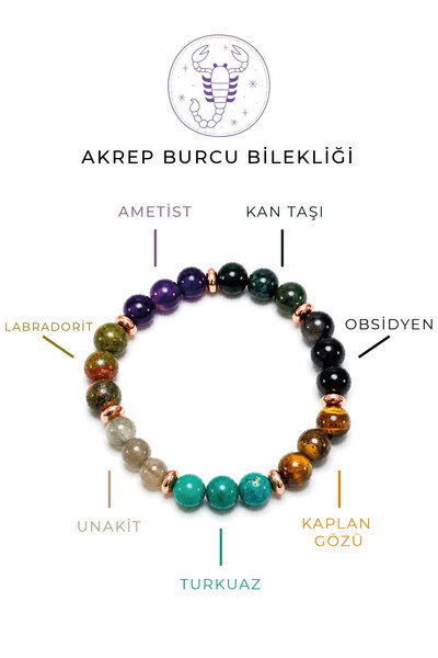 Deniz Elmasları Akrep Burcu Doğal Taş Bileklik 8 mm Küre Kesim | Ametist, Obs...