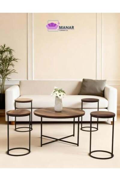 Talking Tables طقم طاولة قهوة دائرية عصرية (5 قطع) - مصنوعة من الخشب والمعدن