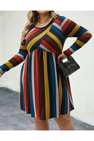 NO BRAND Rochie colorată cu dungi, deasupra genunchiului, cu mânecă lungă, Sh...