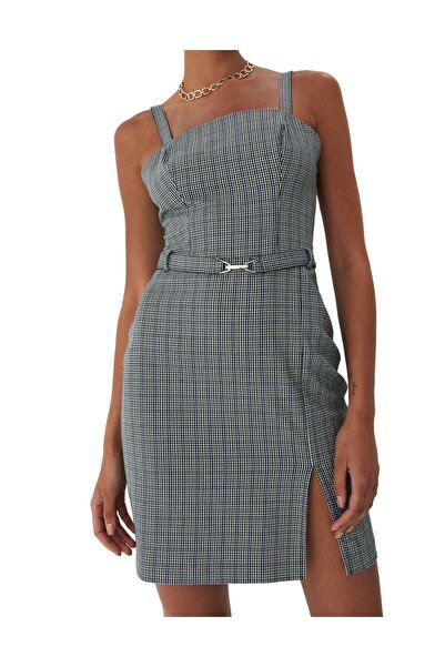 NO BRAND Rochie mini multicoloră în carouri, cu bretele late și cordon, 40