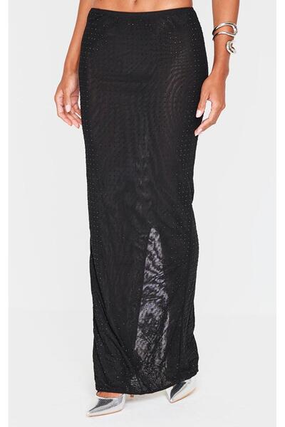 NO BRAND Fustă Maxi Neagră Clasică Dreaptă cu Mărgele Beads Prettylittlething 34