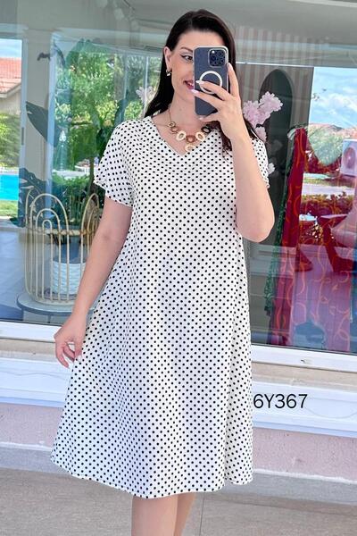 İnce Topuk V-Neck Polka Dot Viscose Dress 6Y367
