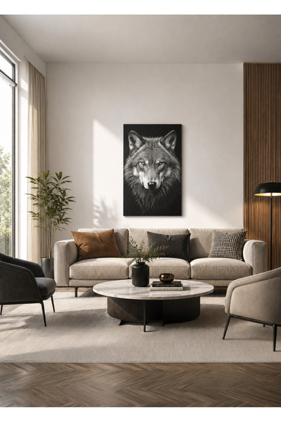 Zerawall MDF Tablo Siyah Beyaz Kurt Portresi – Güç ve Asalet Temalı Ev ve Ofi...