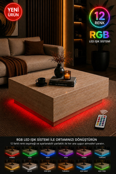 webotto 8 Nisay RGB LED Işıklı Orta Sehpa Kumandalı Traverten Desen Modern Ye...