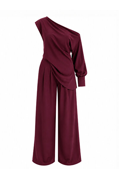 My Blog Burgundy Shoulder Detail Blouse and Pants Set - 8007