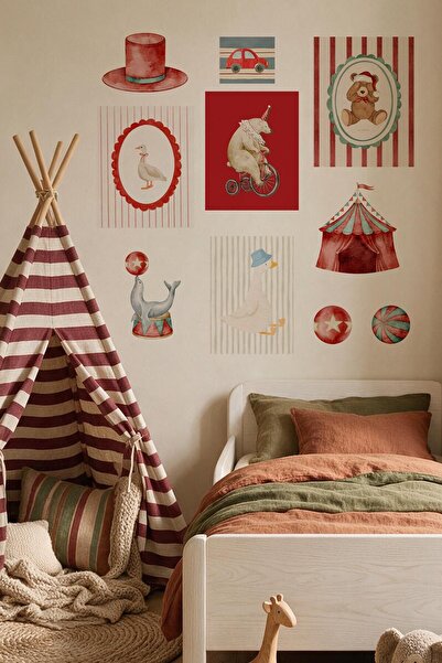 MSticker Vintage Sirk Temalı Poster Duvar Sticker Seti | Bebek & Çocuk Odası Kendinden Yapışkanlı Sticker