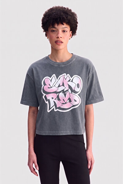 ecko unltd. Lila Loose Fit Crew Neck Printed 100% Cotton Women's Gray T-Shirt