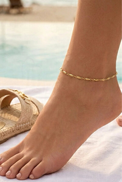 SEVGİLİ TAKI Rice Grain (Shuttle) Chain Gold Steel Anklet |   Anti-Tarnish St...