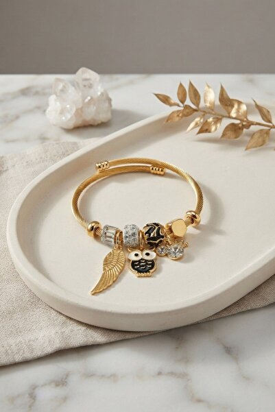 Inure Jewelry سوار على شكل بومة سوداء مطلي بالذهب مع حلية ذهبية اللون
