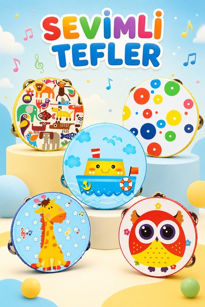 Circle Toys Cute Patterned Children's Tambourine – 5 Different Designs - 15 cm - Little Hands Rhythm Tambourine
