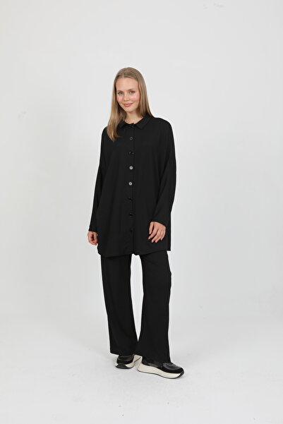 Zeneva Collection Black Elastic Waist Shirt Pants Buttoned Suit 6990