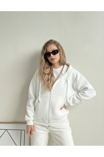 YAKAMEL KADIN 3 İPLİK KAPÜŞONLU FERMUARLI OVERSİZE SWEATSHIRT HIRKA