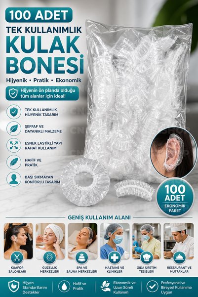 CNGZSHOP 100 Adet Tek Kullanımlık Kulak Bonesi Lastikli Şeffaf Hijyenik Koruy...