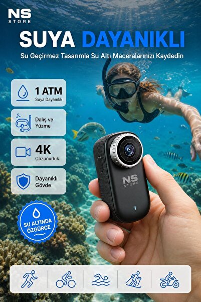 NS Store 4K Ultra HD Mini Aksiyon Kamerası 360° Dönebilen Lensli Taşınabilir Suya Dayanıklı Vlog ve Outdoor Ç
