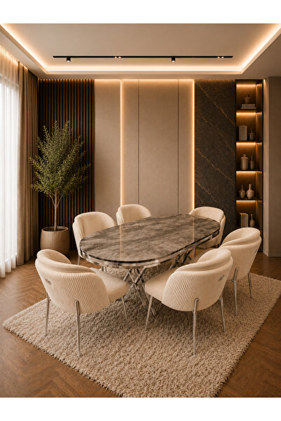 Concept Ayz Home Lara Krom Serisi Krem-Krem Kumaş 6 Kişilik 90×168 Oval İrony...