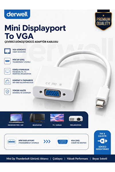 Derwell Mini Displayport To Vga Çevirici Dönüştürücü Adaptör Kablosu Macbook ...