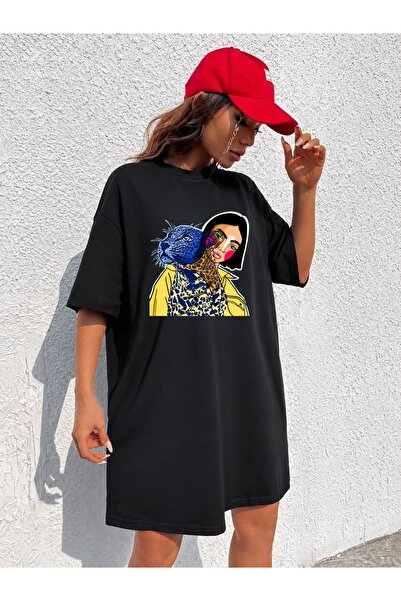 classy moda Ženska ekstra duga, široka majica sa leopard printom i panter gra...
