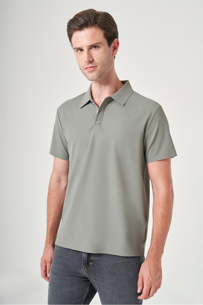 İmza Khaki Polo Collar Short Sleeve Relaxed Fit Flexible Non-Curling Collar T...