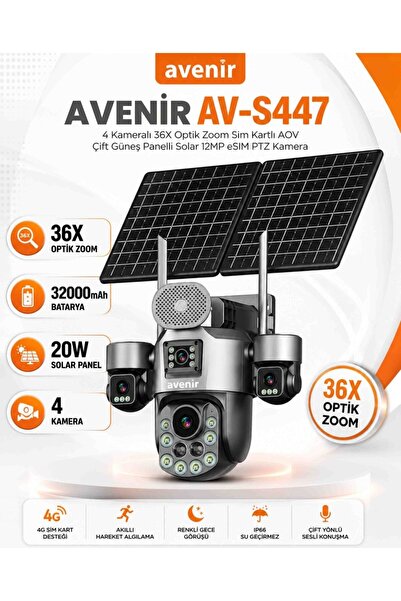 AVENİR AV-S447 – 4 Kameralı 36X Optik Zoom Sım Kartlı Güneş Panelli Solar 12 ...