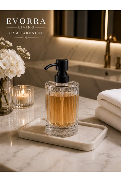 EVORRA LİVİNG Çizgili Cam Sıvı Sabunluk 400 ml Siyah Pompalı Cam Sabunluk