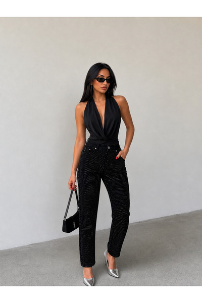 SHEVEGA Mamaliga Women's Black Stone Detailed Boyfriend Mom Jeans Denim Trousers