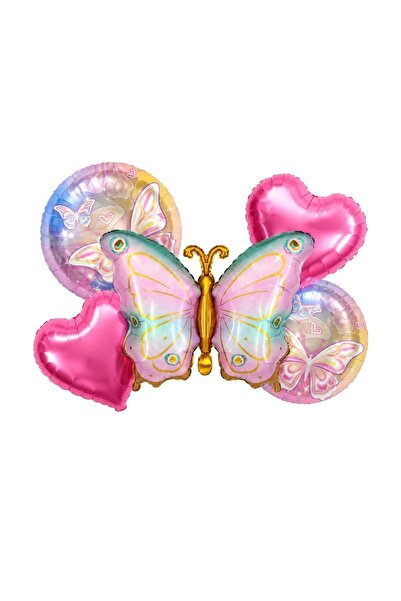 Patladı Gitti Set of 5 Butterfly Themed Foil Balloons – Pink Heart and Butter...