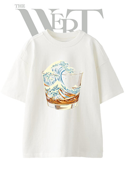THEWERT Tricou supradimensionat alb unisex cu imprimeu Kanagawa Whiskey Design