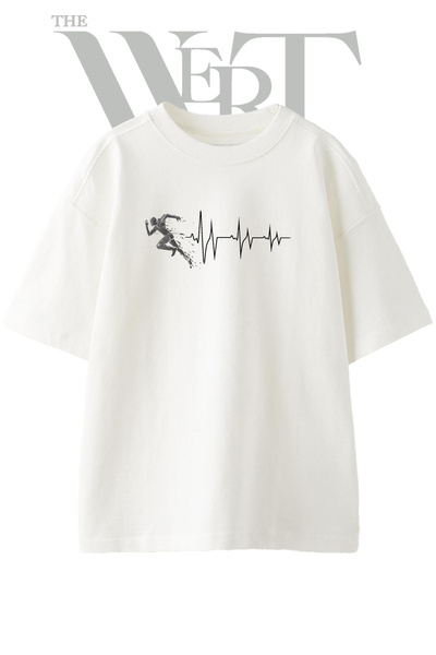 THEWERT Runner Ekg Design Printed Unisex White Oversize T-Shirt