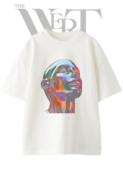 THEWERT Tricou oversize alb unisex cu imprimeu cu design holografic