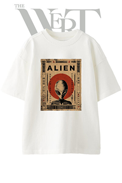 THEWERT Grey Alien Design Printed Unisex White Oversize T-Shirt