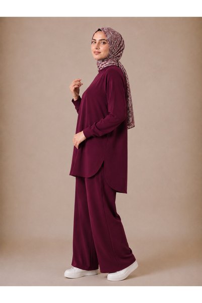 MEYASU Set de top și pantaloni pentru femei, din țesătură modală, cu cusături striate și detaliu cu șliț - Roșu Claret