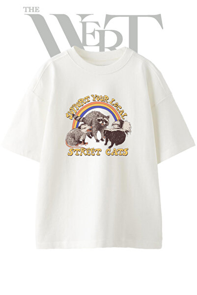 THEWERT Μπλουζάκι με στάμπα Street Animals Design, Unisex, Λευκό Oversize