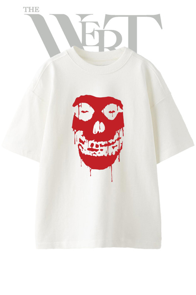 THEWERT Misfits Skull Design Printed Unisex White Oversize T-Shirt