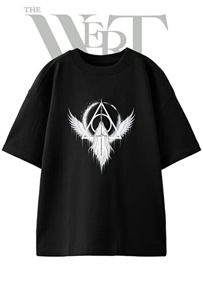 THEWERT Deathly Hallows Reaper Design Printed Unisex Black Oversize T-Shirt