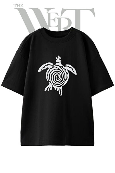 THEWERT Tribal Turtle Design Printed Unisex Black Oversize T-Shirt