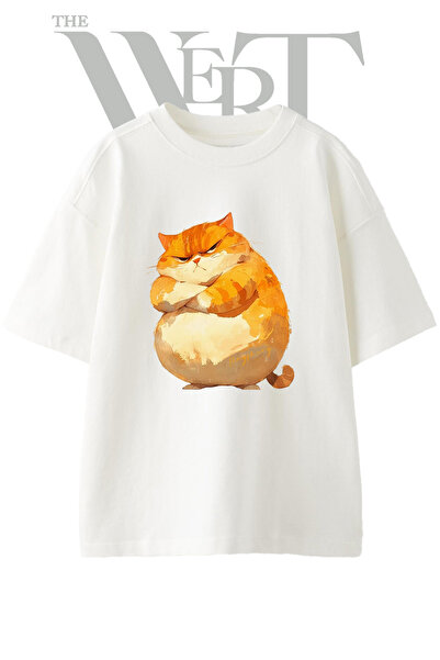 THEWERT Chubby Grumpy Cat Design Printed Unisex White Oversize T-Shirt
