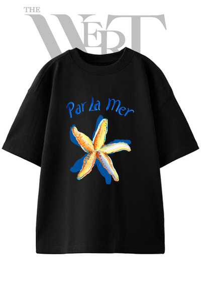 THEWERT Watercolor Starfish Design Printed Unisex Black Oversize T-Shirt