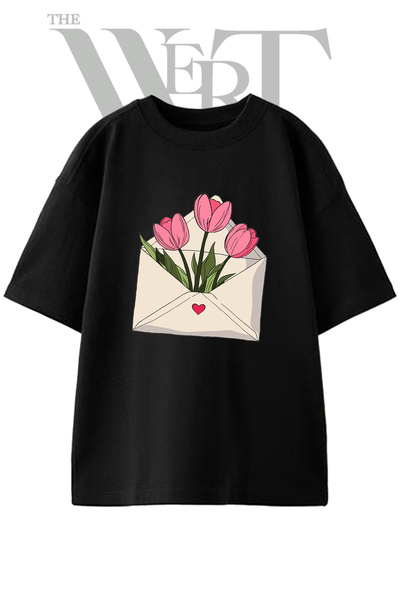 THEWERT Μπλουζάκι Unisex Μαύρο Oversize με στάμπα σε σχέδιο Tulip Envelope