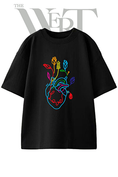 THEWERT Μπλουζάκι Unisex Μαύρο Oversize με στάμπα με σχέδιο λουλουδιών και κα...
